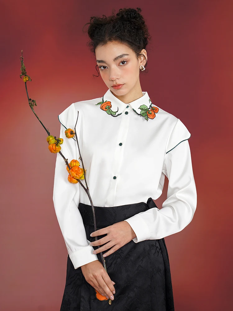 Spring and Autumn Women Chinese style Persimmon Embroidered Shirt