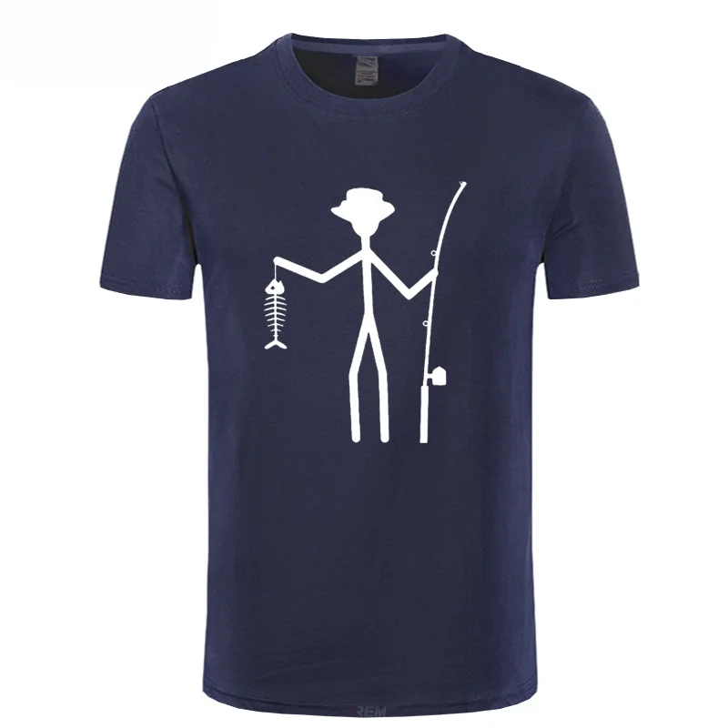 Cool Funny T-Shirt Men High Quality Tees Men's Fisherman Stick Figure Holding Fish Bones Cotton Short Sleeve T Shirts