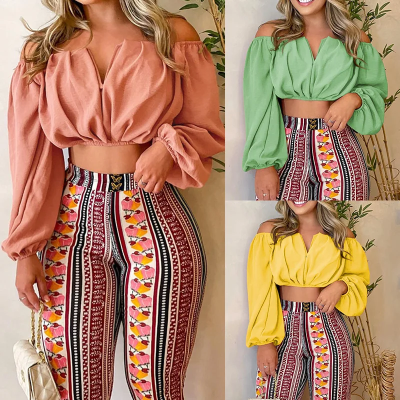 

Matching Sets Print Sheath Pencil Pants Women Two Pieces Pullover Slash Neck Tops Lantern Sleeve Casual Pockets Slim 2024