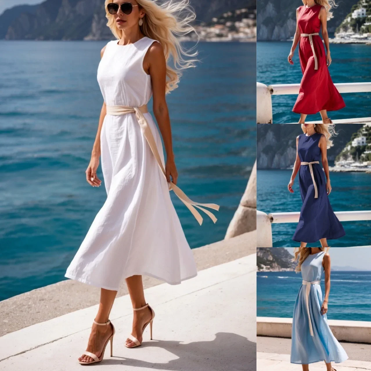 2025 Summer Fashion Solid Color Waist Strap Up Women Dress Simple Round Neck Females Vacation Banquet Long Dresses