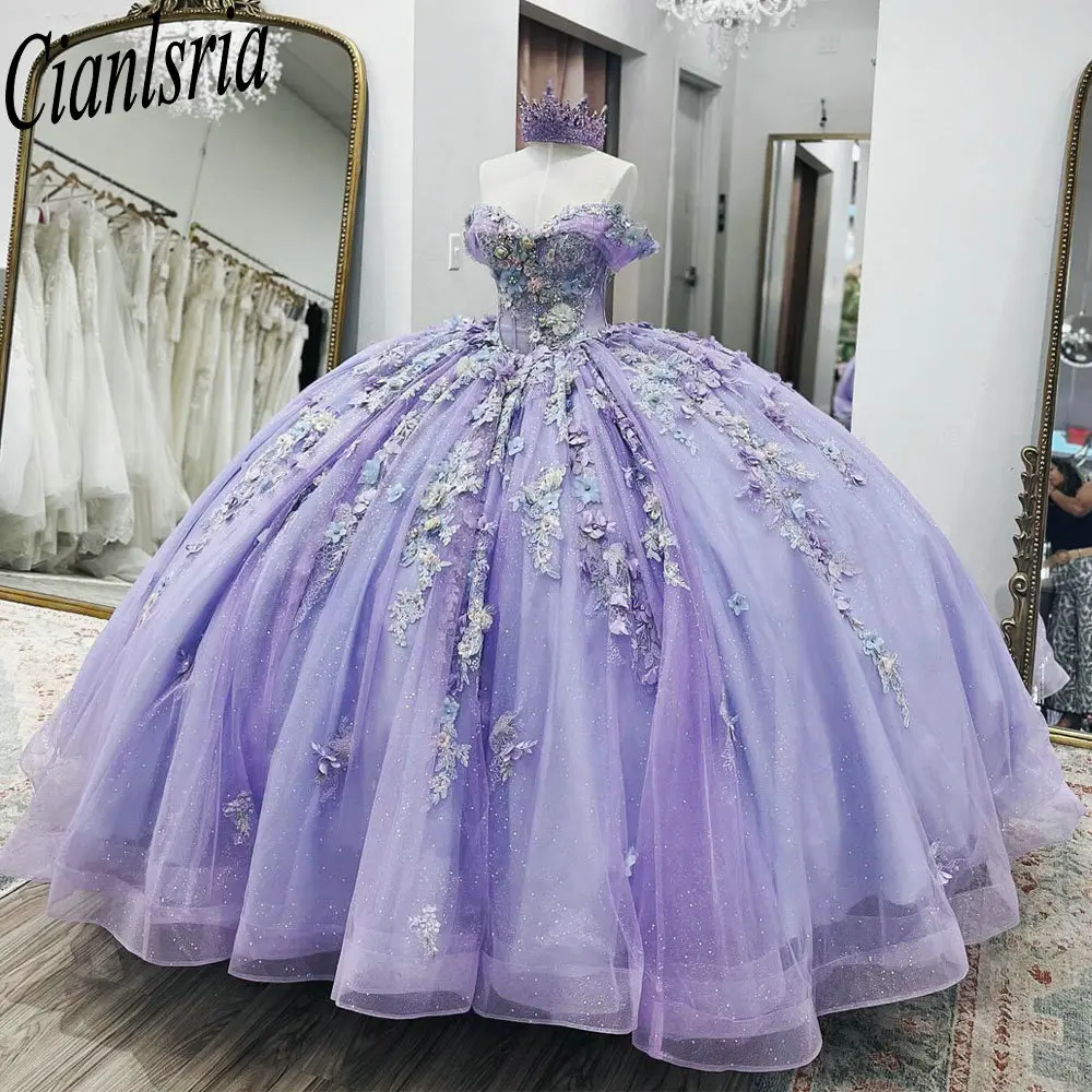 Lilac Illusion Off The Shoulder Ball Gown Quinceanera Dresses Glitter Crystal 3D Floral Lace Sweet 16 Vestido De 15 Anos