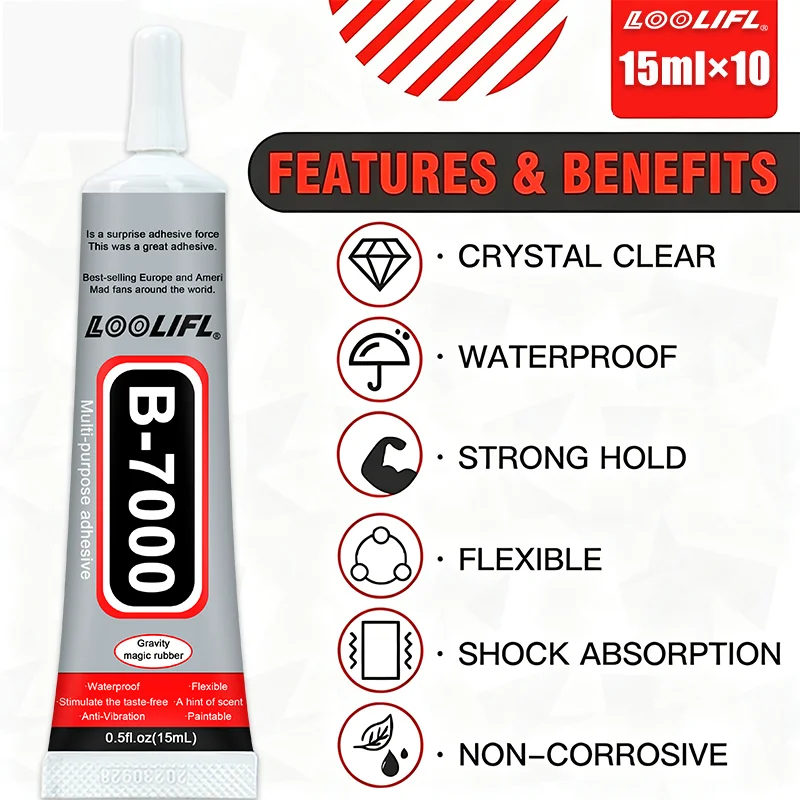 Looliflb7000 Multi-Purpose Adhesive Glue 15Mlx10 Pieces, Flexible, Waterproof, Anti-Vibration, Paintable Transparent Strong Glue, Suitable for Metal, Ceramics, Wood, Paper, Leather, Glass, Plastic, Jewelry, DIY Crafts, and Mobile Phone Screen Repair