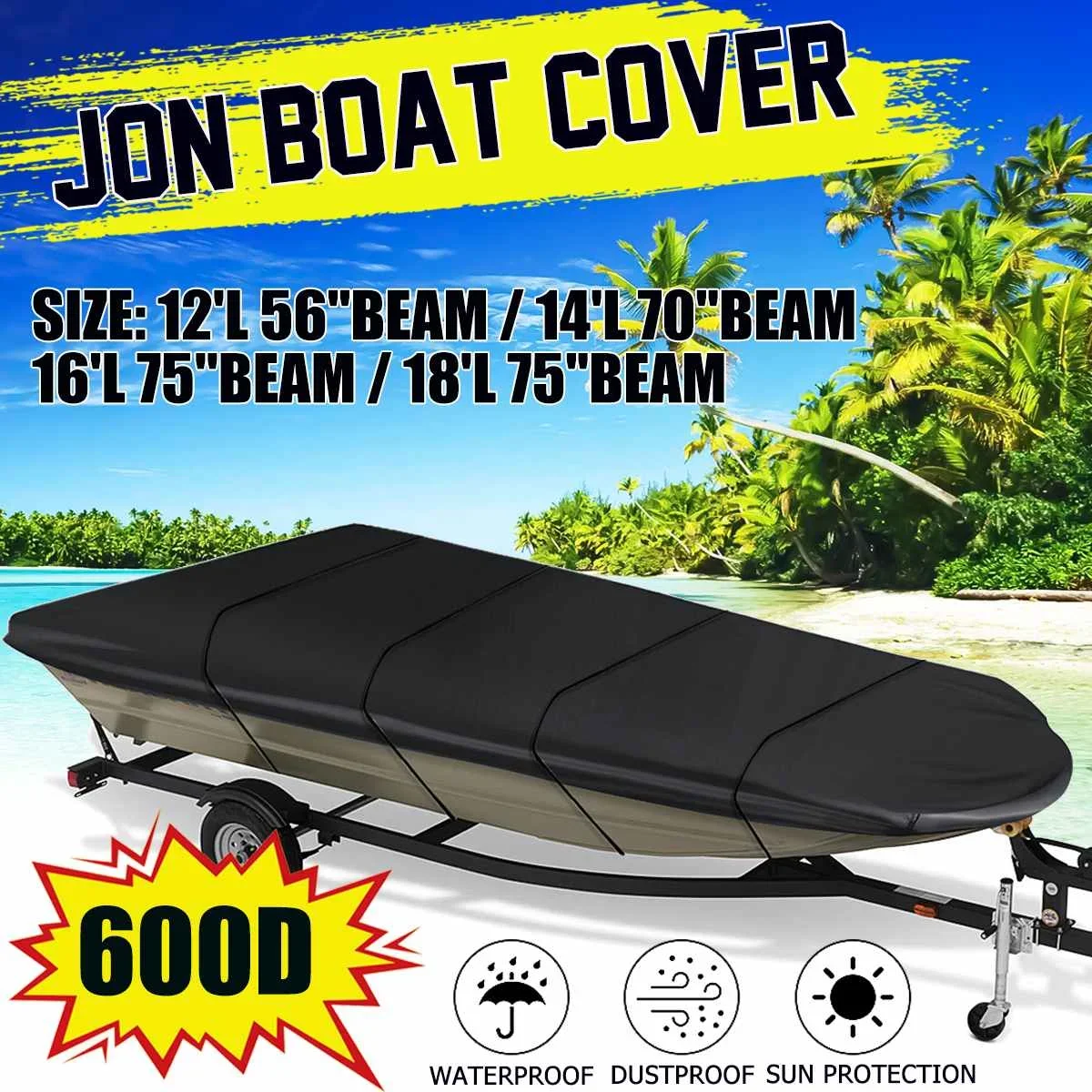 

600D Jon Boat Cover Windproof Waterproof Trailerable Heavy Duty Boat Cover Outdoor Anti-UV Protection 12' 14' 16' 18' Black