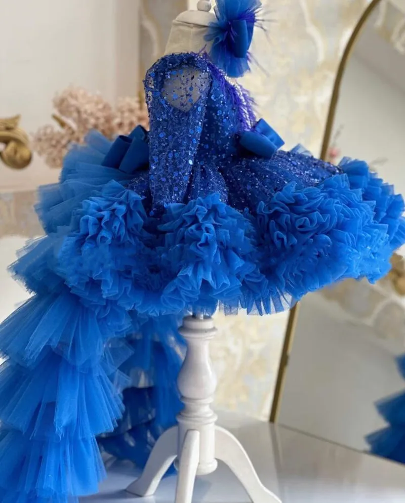 Abito da ragazza di fiori blu reale di lusso per abito da festa di natale con scollo a V e maniche lunghe abito da compleanno per bambini con coda lunga