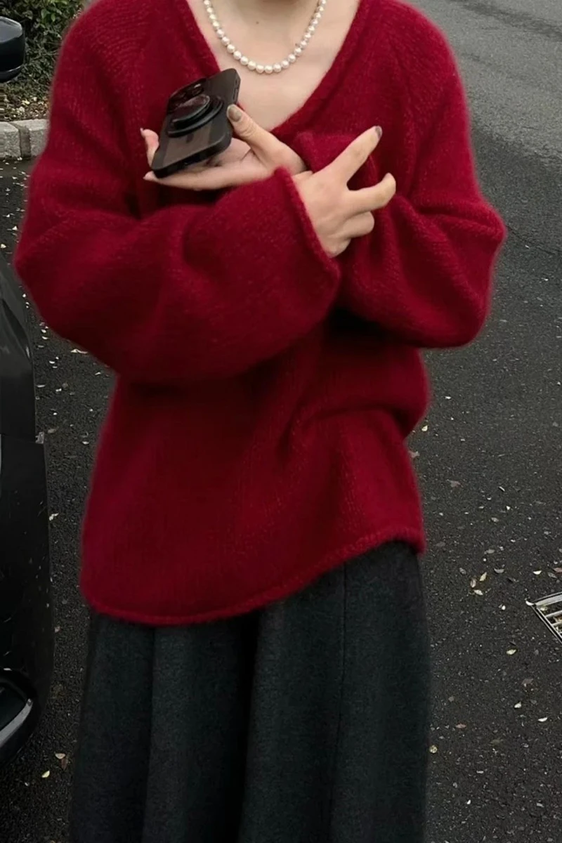 

Women 100% Merino Wool Pullover Solid Color Sweater V-neck Knitted Thick Autumn Winter Casual Clothing Leisure Keep Warm Soft