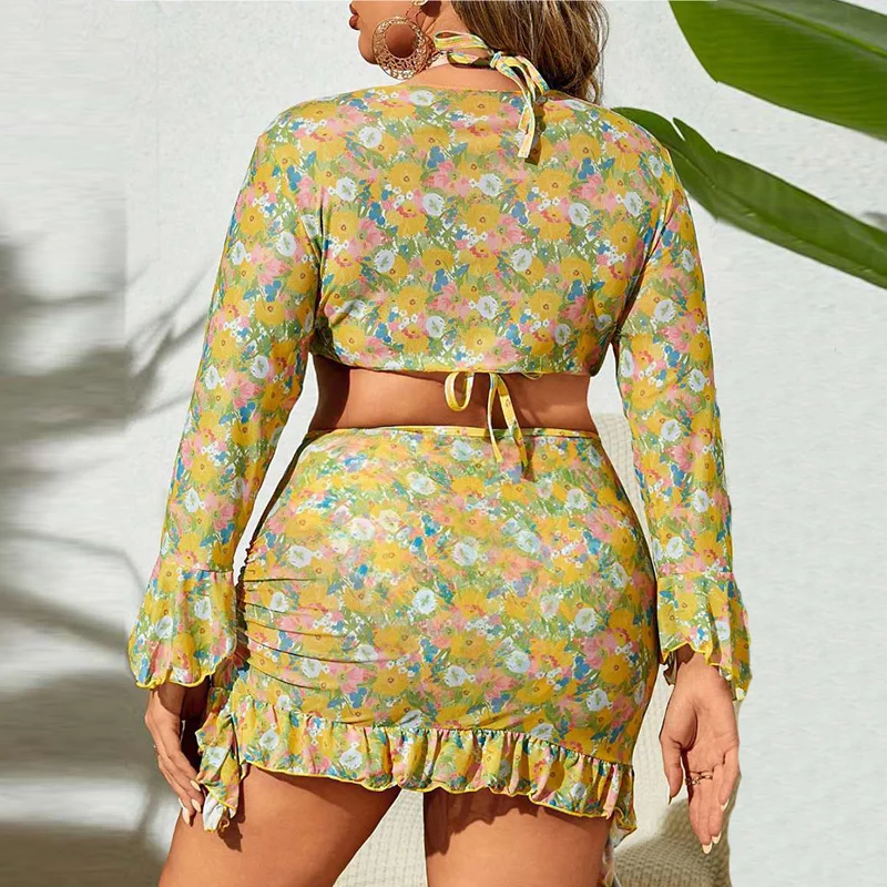 Women's 4 Piece Floral Print Swimsuit Set Halter Bikini + Bottom + Long Sleeve Cover Up + Ruffle Skirt