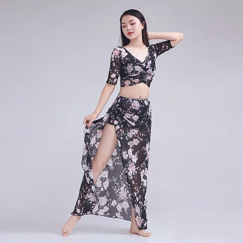 New Spring/Summer Belly Dance Printed Fragmented Flower Training Suit Set, Large Size Slimming Oriental Dance Performs Clothes