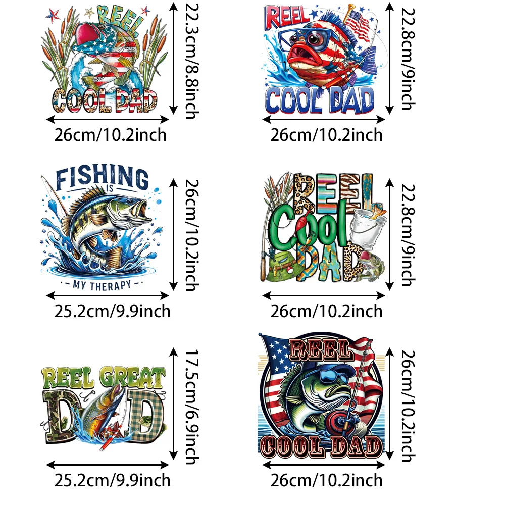 6pcs Fishing DTF Heat Transfer Stickers, Reel Cool Dad American Flag Bass Iron-on Patches for Men T-Shirt
