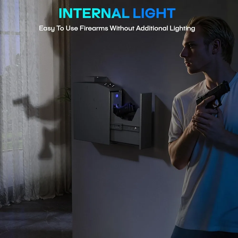 Gun Safe, Biometric Slider Bedside Pistol Safe, Auto Sliding Door Hand Gun Safe for Pistol with 3 Quick Fingerprints, PIN Code,