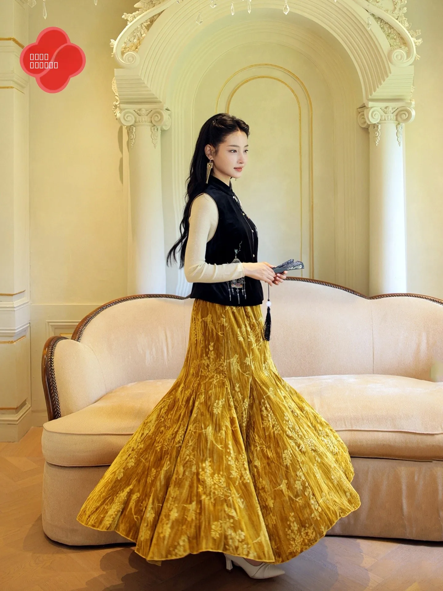 

Новая женская длинная юбка Ele Gold Velvet Bamboo Ruched Skirt, весна 2026, в китайском стиле, с драпировкой, низкой талией, А-силуэт