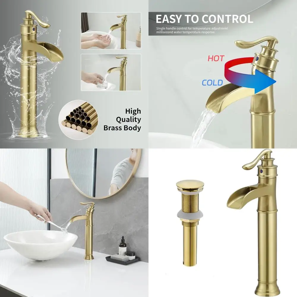 

Brushed Gold Tall Single Hole Vessel Sink Faucet with Pop-Up Drain and Supply Line