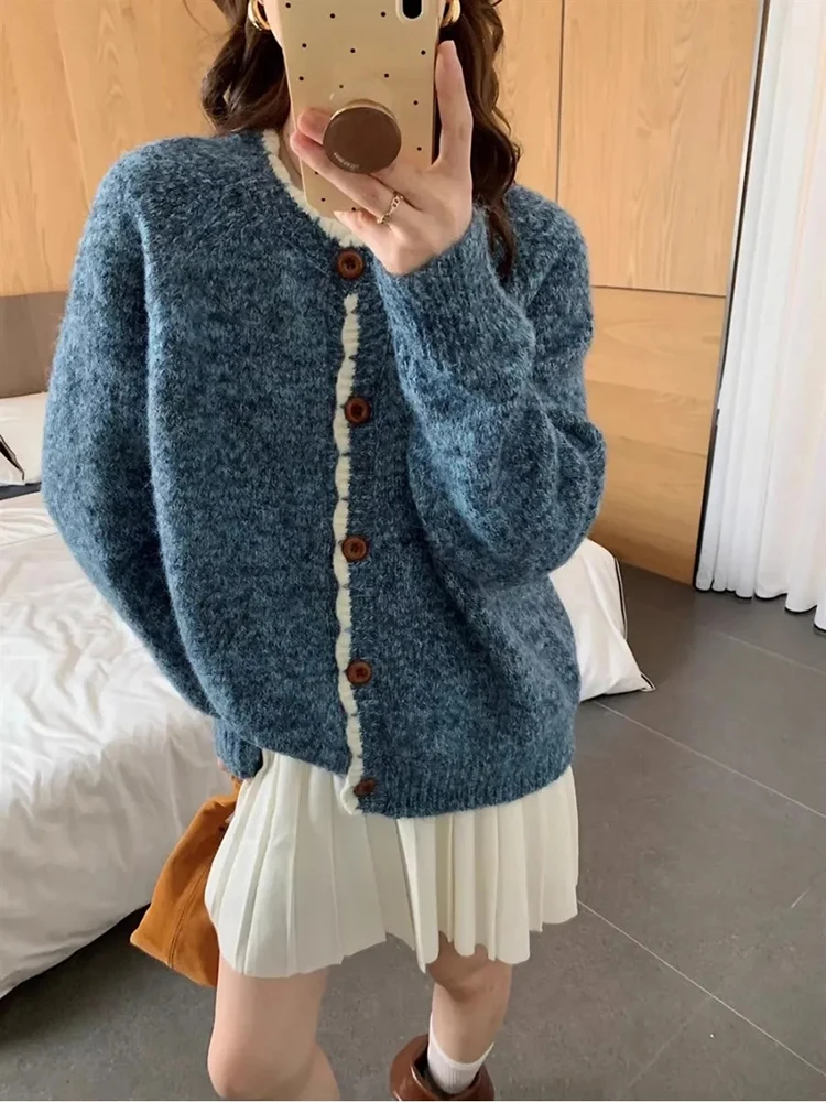 

Korean Vintage Casual Knit Cardigan Women Button Patchwork Long Sleeve Sweater Female Loose Simple Office Lady O Neck Preppy Top