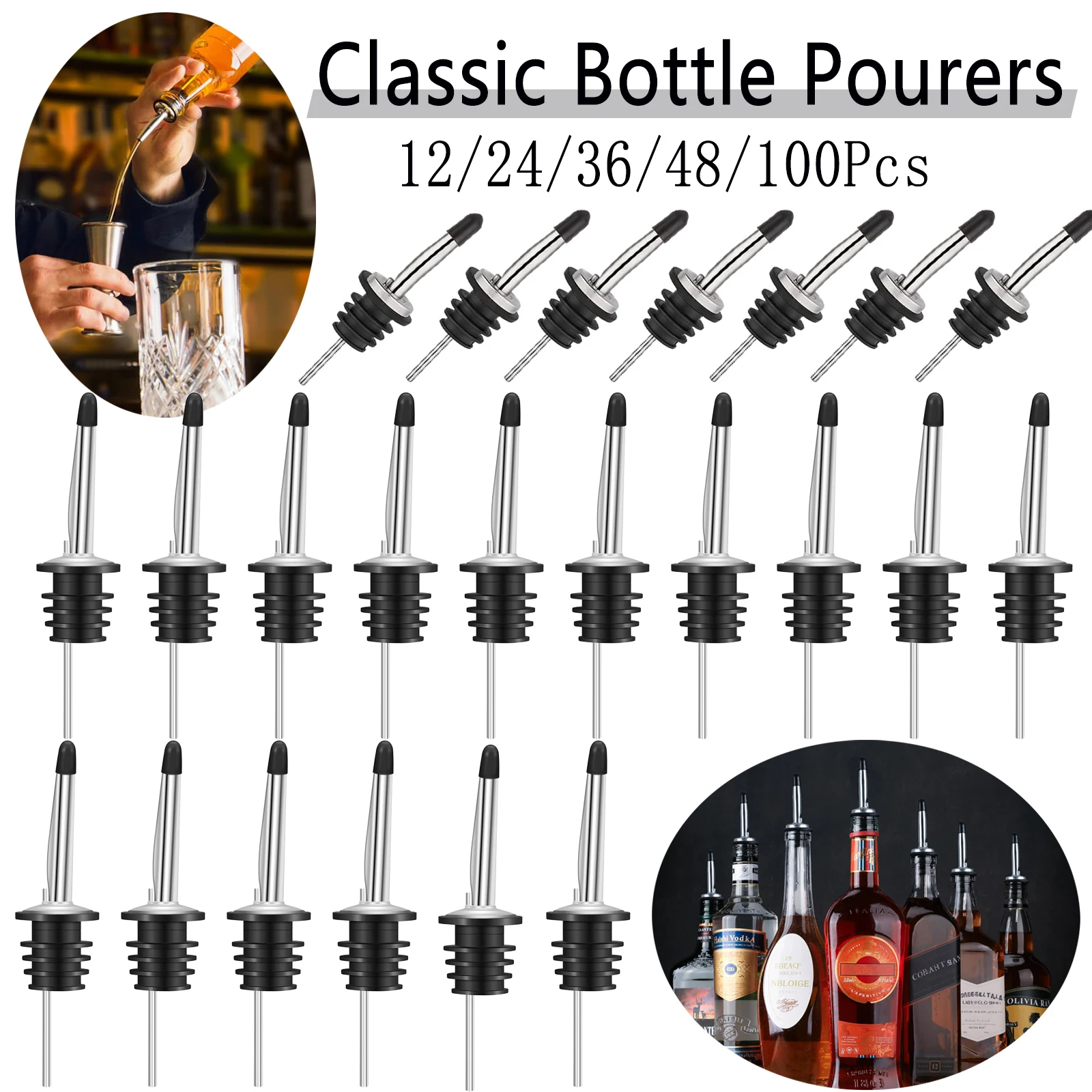 

12-100Pcs Bottle Pourers Stainless Steel Liquor Spout Wine Bottle Stopper with Rubber Dust Caps For Olive Oil Bar Accessories