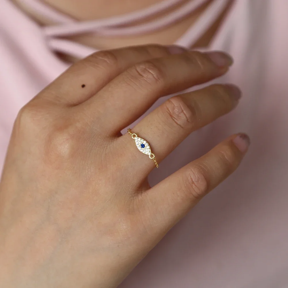 Genuine 925 Sterling Silver ring evil eye cz charm cute lovely lucky girl jewelry chain band elegance minimalist jewelry