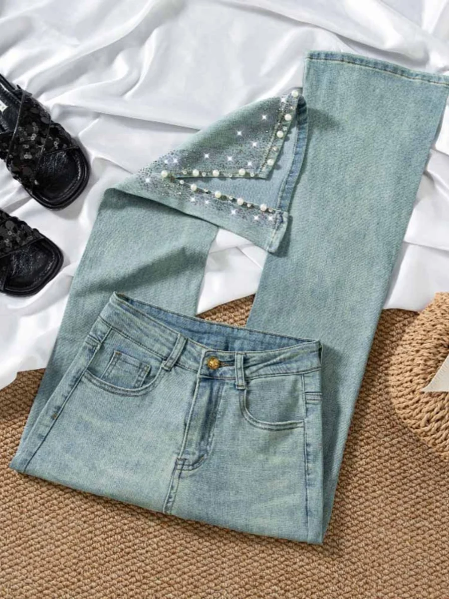 Faion taille haute cloche Bot jean femme été 2024 lourd embelli strass diamant pantalon Long femme