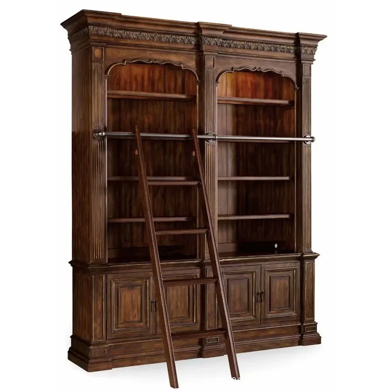 Retro Solid Wood Bookcase with Ladder Carved Study Display Cabinet Four Door Storage Locker Furniture for Home