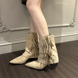 Women's Fashion Pointy Tassel Western Cowboy Boots Fall New Vintage Suede Soft Sole Non-slip Low Heel Ankle Boots