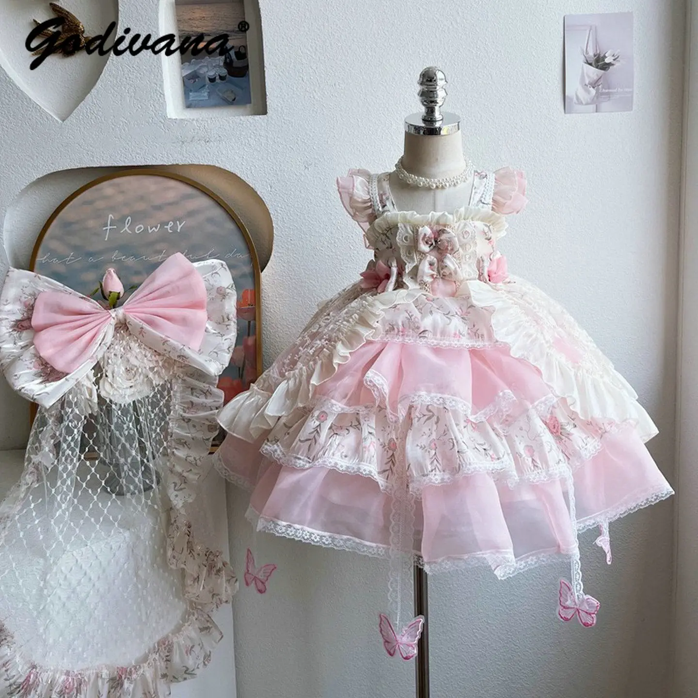 

Sweet Girls Floral Mesh Tutu Lolita Dress 2026 New Summer Kids Pink Princess Sleeveless Print Lace Ruffle Trim Bow Train Gown