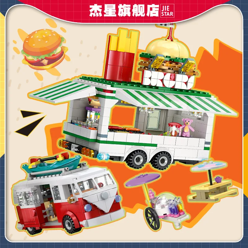 

Burger Joint T1 Car Building Blocks Kit LED Vintage Truck Creative Expert City Model Bricks Assembly Toy Set For Kids Gifts