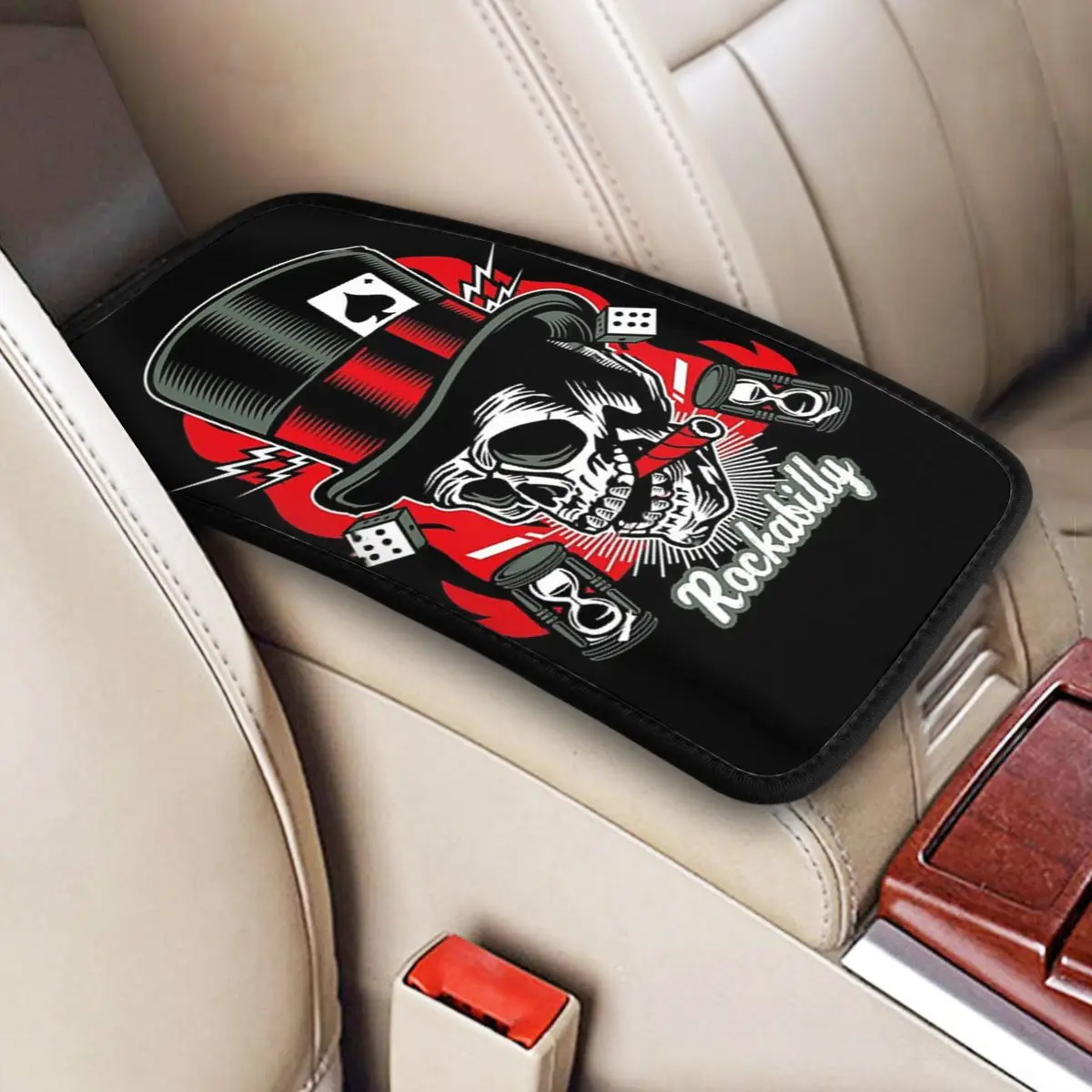 Center Console Pad Rockabilly Skull Biker Car Armrest Cover Mat Rock Roll Heavy Metal Auto Accessories Storage Box Pad Cushion