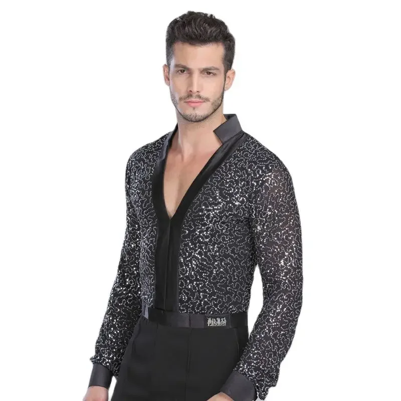 MEN Dance Waltz Ballroom Dance Long Shirt Garment Performance latin man shirts Garment Top Men Latin Dance Lace black Garment