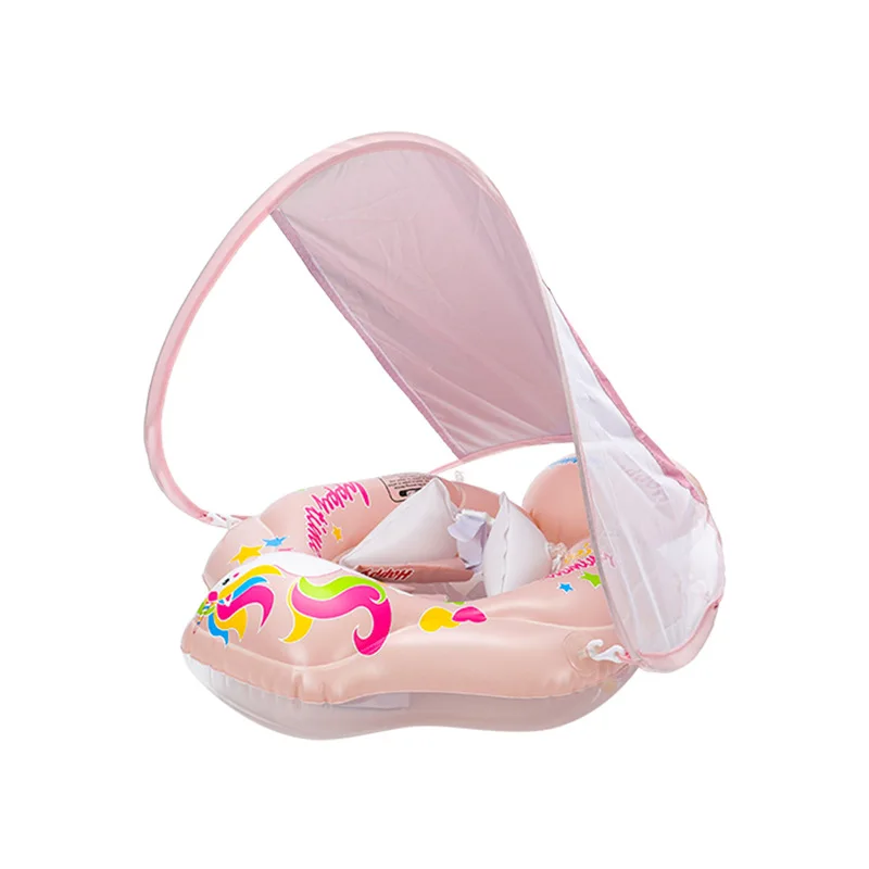 Baby Pool Float พร้อม Sun Canopy-Inflatable ทารกว่ายน้ําลอยความปลอดภัย Anti-Roll Seat เทรนเนอร์ว่ายน้ําสําหรับเด็ก