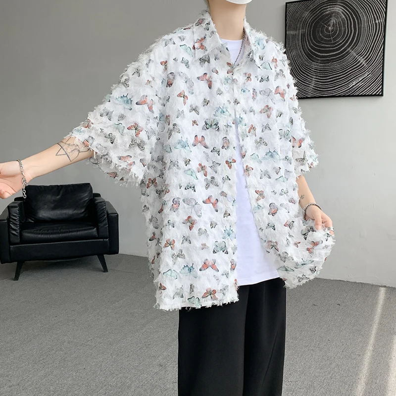 Summer Butterfly Tassel Splice Shirt Men Loose Casual Floral Short Sleeve Shirts Women Oversize Streetwear Boy Girl Blouses