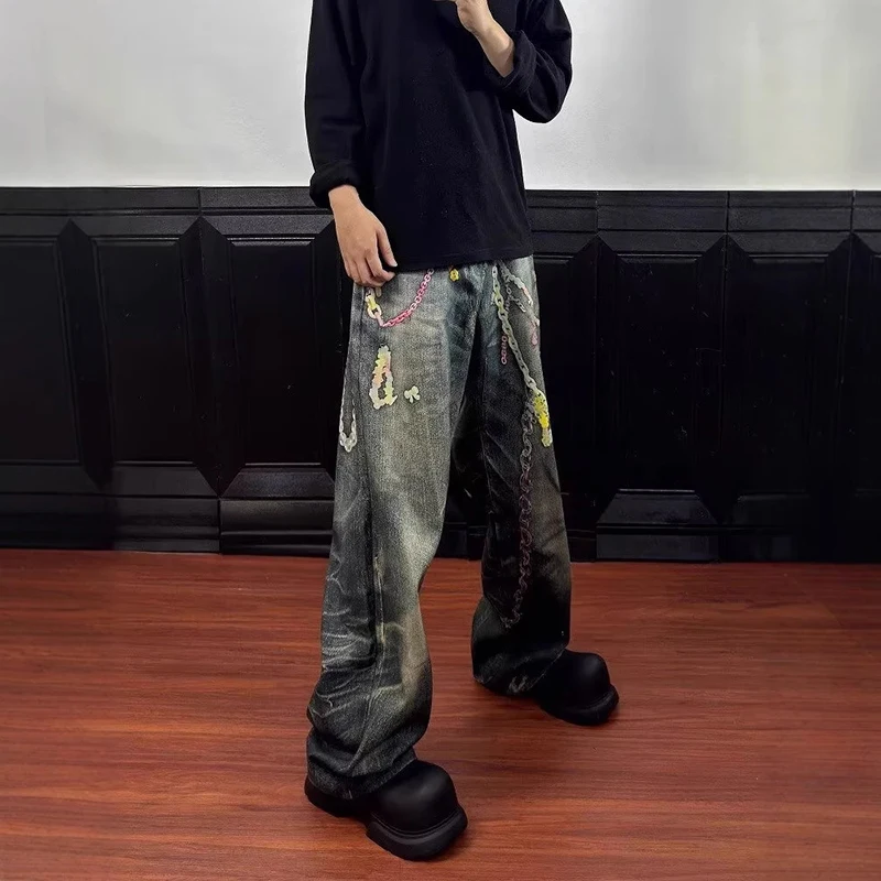 WTHT แฟชั่น 2025 ฤดูร้อนผู้ชาย Spliced CHAIN DO Pld ออกแบบ DENIM กางเกง VINTAGE High Street ตรงกางเกงยีนส์ขากว้างชาย 2A1109