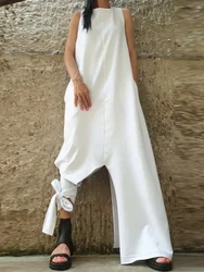 Gymystars 2024 New Sleeveless High Street White Long Dress Women Fashion Pockets Loose O-Neck Inusual High Street Maxi Dresses