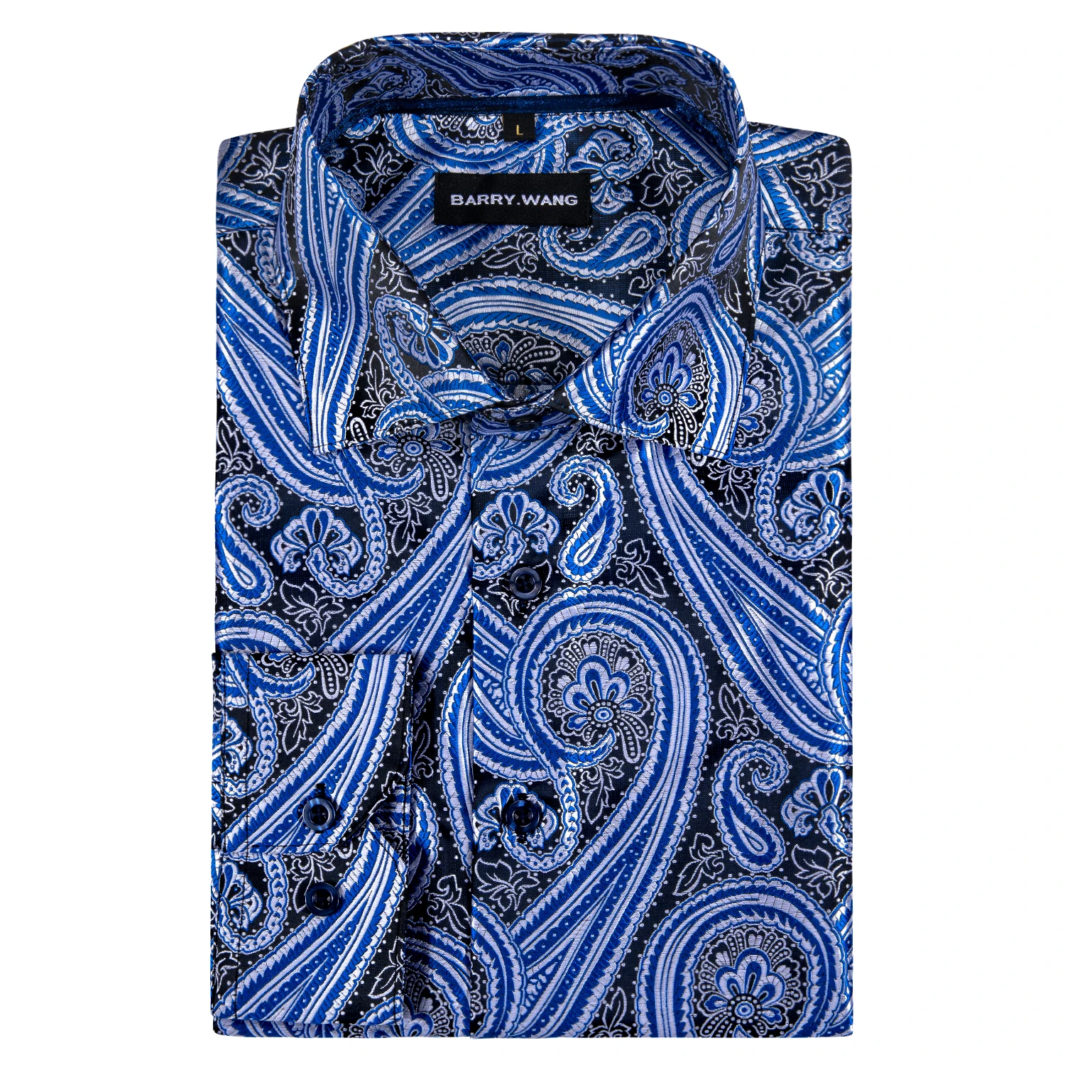 Barry.Wang Exquisite Blue Silk Paisley Men Shirt Four Seasons Lapel Long Sleeve Embroidered Leisure Fit Party Wedding CY-0413