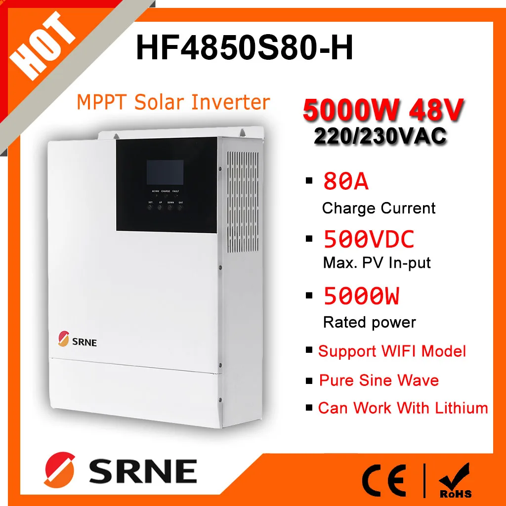 SRNE 5000W Hybrid Solar Inverter 220V 230VAC 48V Pure Sine Wave Inverter Build-in MPPT 80A Solar Controller PV-input Max 500Vdc