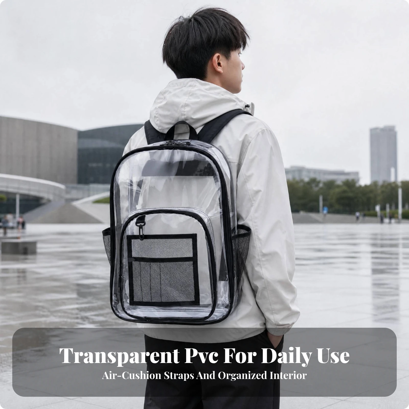 Clear Bookbag Gender-Neutral Transparent PVC Backpack Bookbag Wipe-Clean for Commuting, School