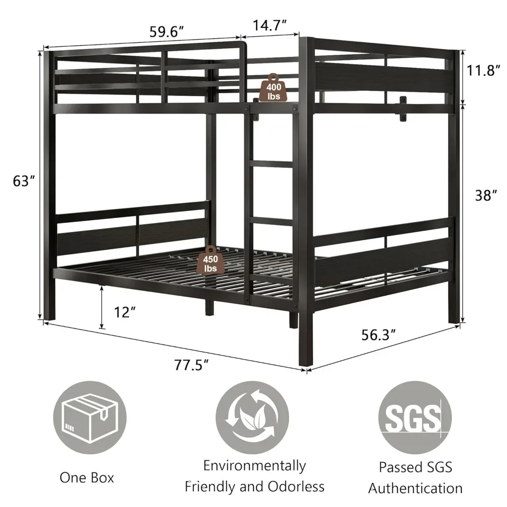 Metal Bunk Bed Full Over Full, Heavy Duty Bunk with High Guardrail and Safety Entrance Design, Under-Bed Storage, Customized