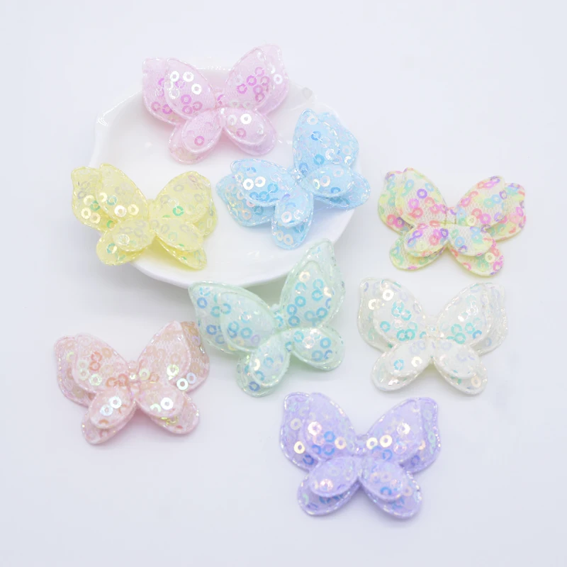 16Pcs 40*32mm Padded Sequins Double Butterfly Appliques for Clothes Hat Shoes Sewing Patches DIY Headwear Hair Clips Bow Decor