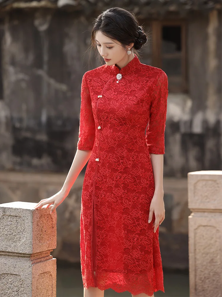 

FZSLCYIYI Vintage Embroidery Split Chiffon Aodai Qipao Chinese Mandarin Collar Femme Cheongsam Women Wedding Dress