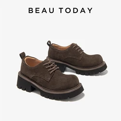 BEAUTODAY Derby Shoes Women Cow Suede Lace-up Big Toes Sewing Ladies Casual Shoes Handmade 21983