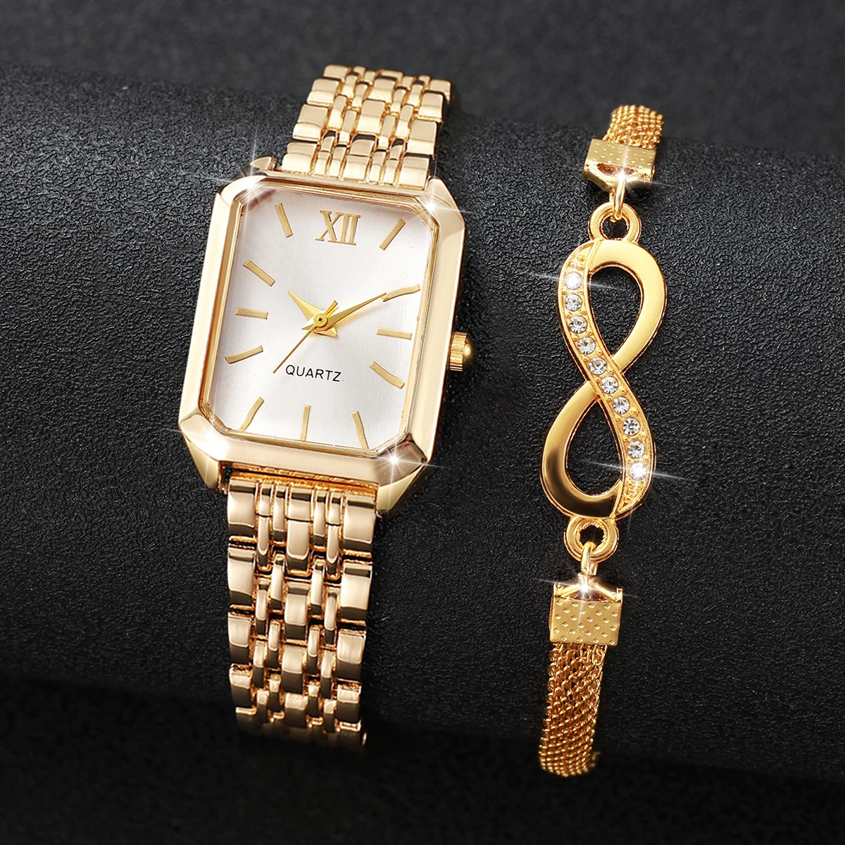 2PCS/Set Elegant Rectangle Women Quartz Watch Fashion Roma Dial Ladies Wristwatches Bracelet Set Reloj Mujer Clock (Without Box)