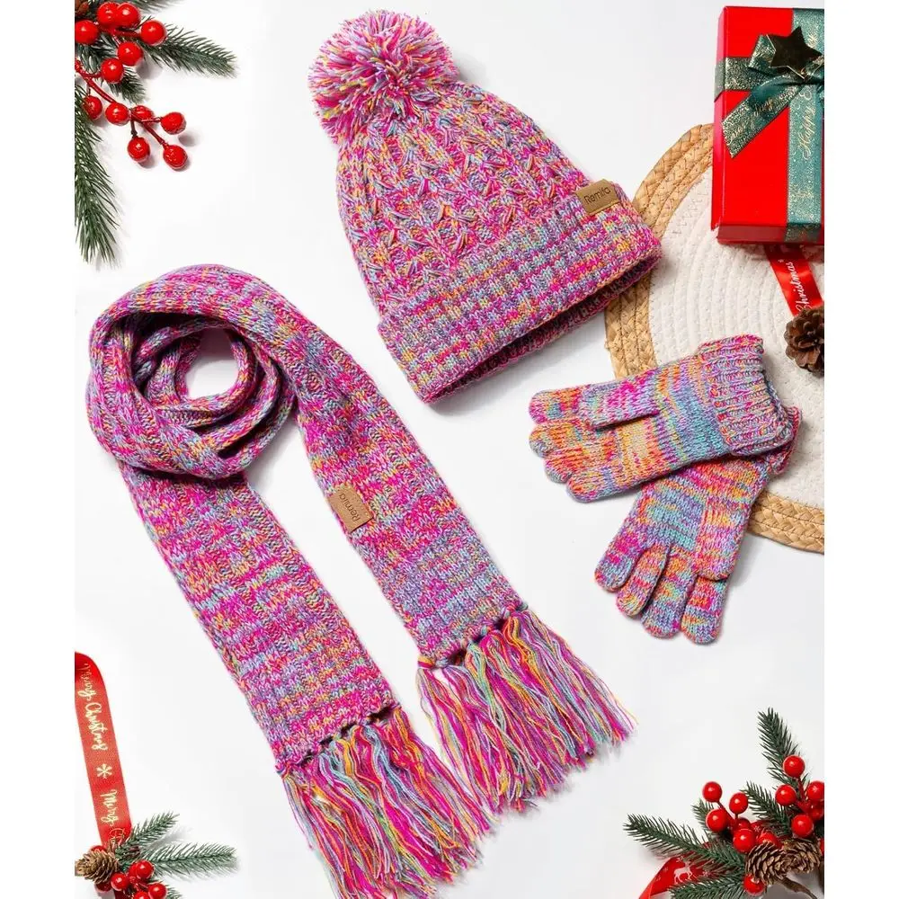 طقم قبعة بوم بوم شتوية مبطنة بالصوف وقفازات ووشاح للأطفال - هدية مثالية لعيد الميلاد