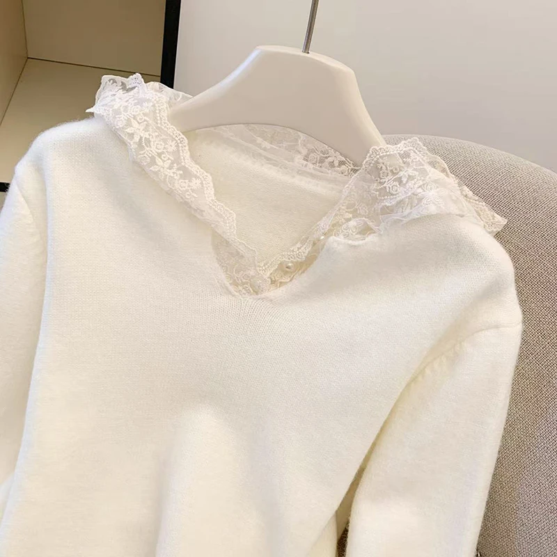 Renda com capuz camisola de malha feminina manga longa chique pérola botão pullovers preppy doce casual estudante retalhos malhas jumpers