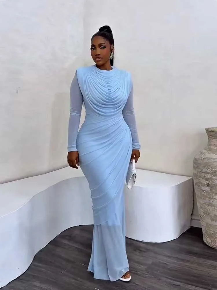 Chic and Elegant Women's Evening Dress Mesh Draped Collar Long Sleeve Bodycon Mid Dress Slim High Waisted Sexy Ladies Dress