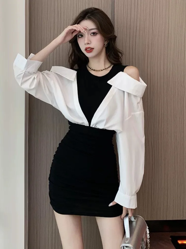 Korean Fashion Blouse Dresses Lady Elegant Social Business Dresses Women Fake 2-piece Design Knit Stitching Winter Autumn Dress