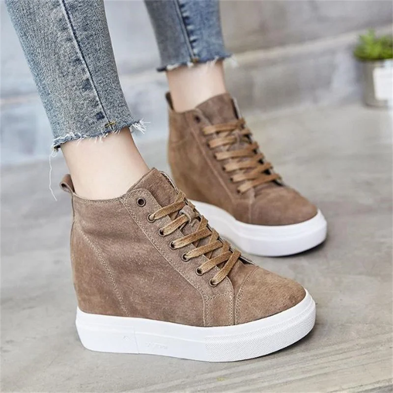 8cm Genuine Leather Suede Platform Wedge Women Fashion Chunky Sneakers Spring Autumn Casual Hidden Vulcanized shoes 34 39