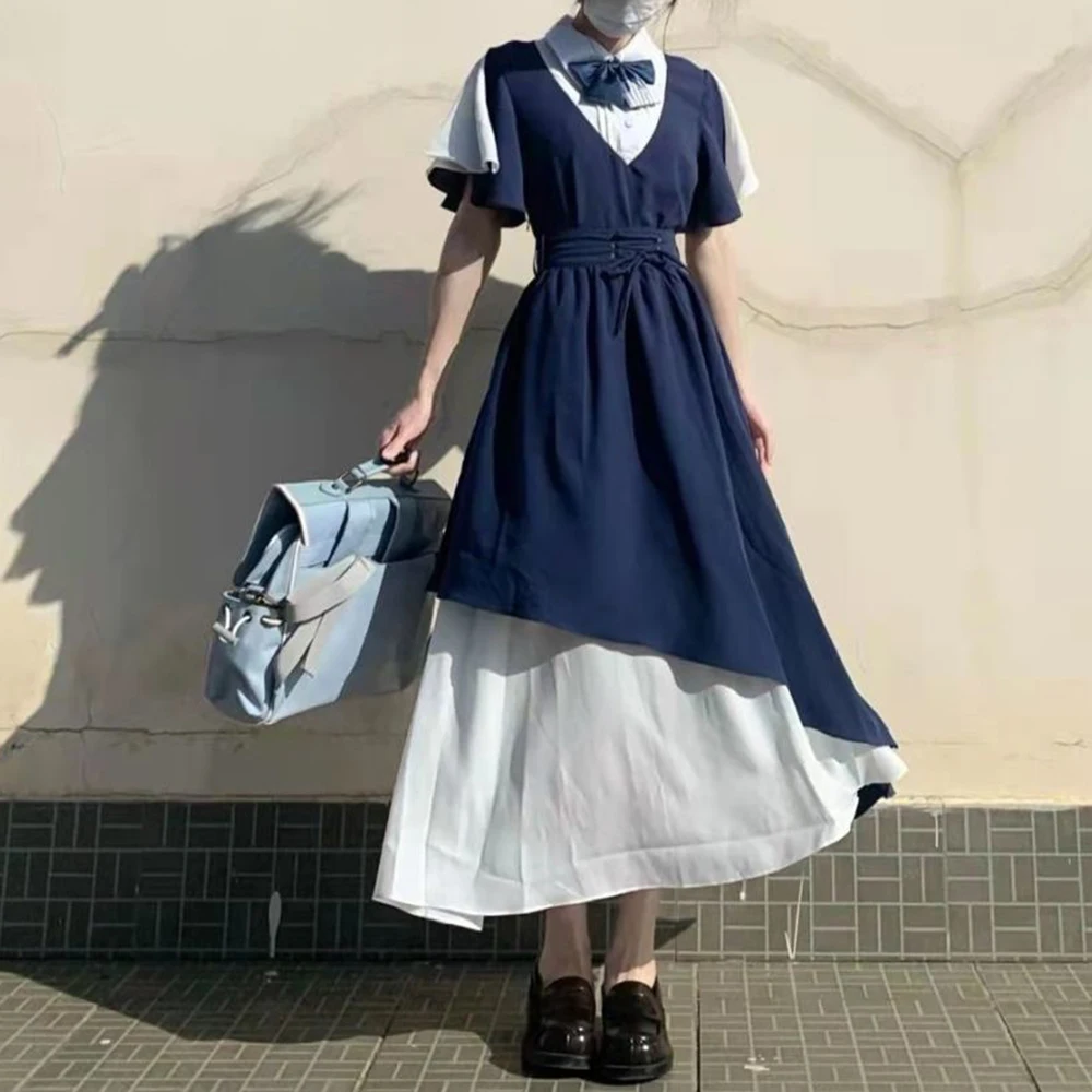 

Splicing contrasting color dress girls college style chiffon 2025 summer new fairy design sense niche long skirt