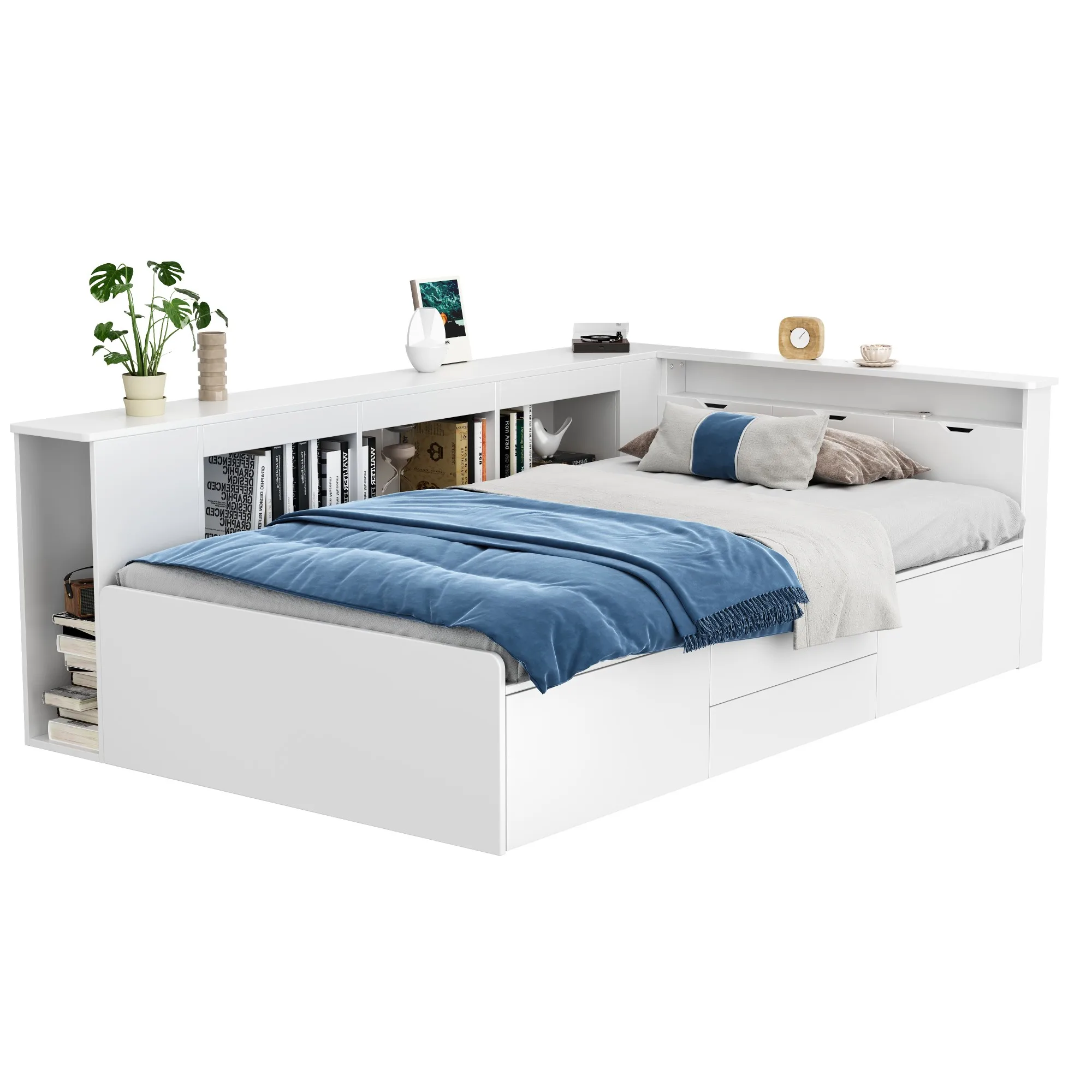 Lit enfant 90x200 cm simple avec tiroirs, bibliothèque et coffre de rangement, MDF, blanc, sans matelas