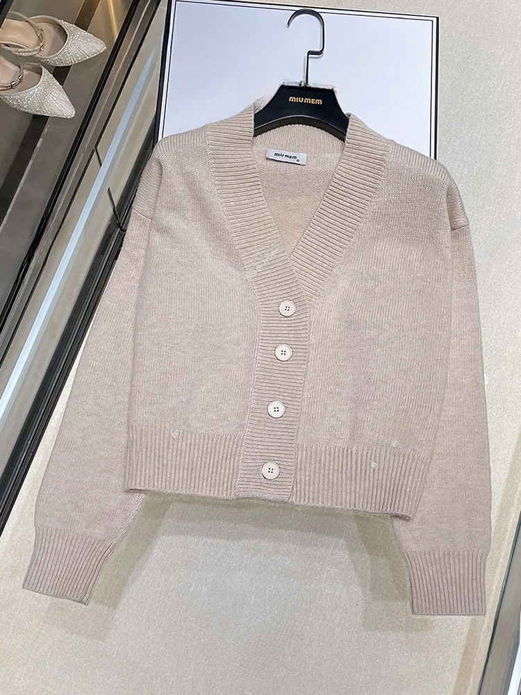Miumem High-End Women's Knitted V-Ne Open Cardigan Top Ele Lady Commute Sle ort Length Button Detail Pure Color