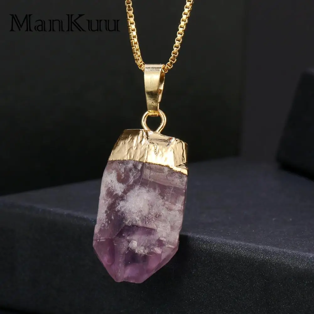 

mankuu fashion jewelry natural purple crystal amethyst stone gold plated irregular pendant necklace chain for women gifts
