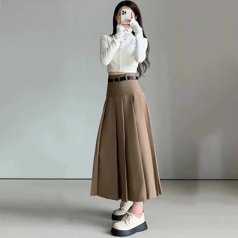 Moda feminina saias plissadas de cintura alta cor sólida versátil grande balanço maxi saia estilo preppy a linha saias de comprimento médio