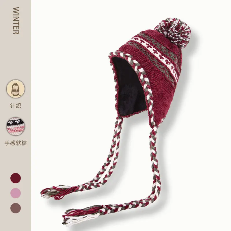 男性と女性のための日本のジャカードニットプルオーバー、冬の飛行帽子、暖かい色の対照的な、タッセルストラップ爆撃機の帽子、屋外