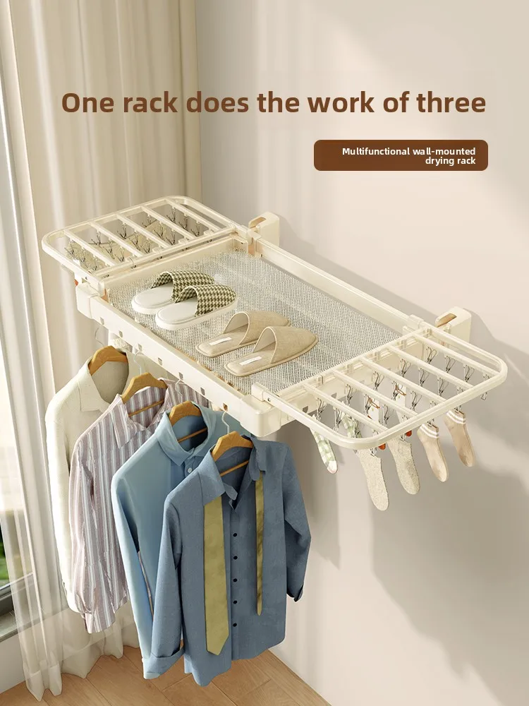 

Wall Mounted Side Folding Clothes Drying Rack for Balcony Home Laundry Hanging Net Space Saving