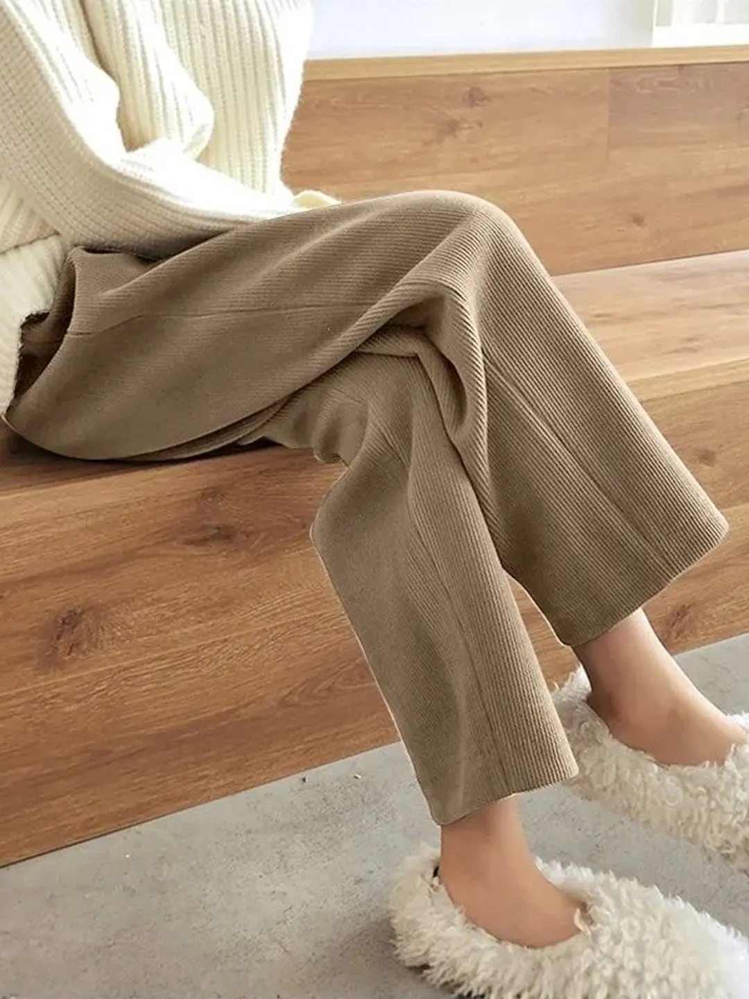 

Women's Fce Lined Straight Leg High Waist Winter Trousers Casual Faion plus Size Pure Color Wide Leg Warm Pants